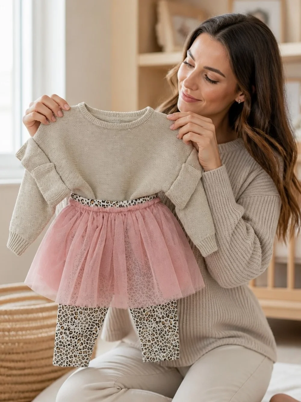 2 pcs Kids Matching Set - Beige Knit Sweater with Pink Tulle Skirt Leggings